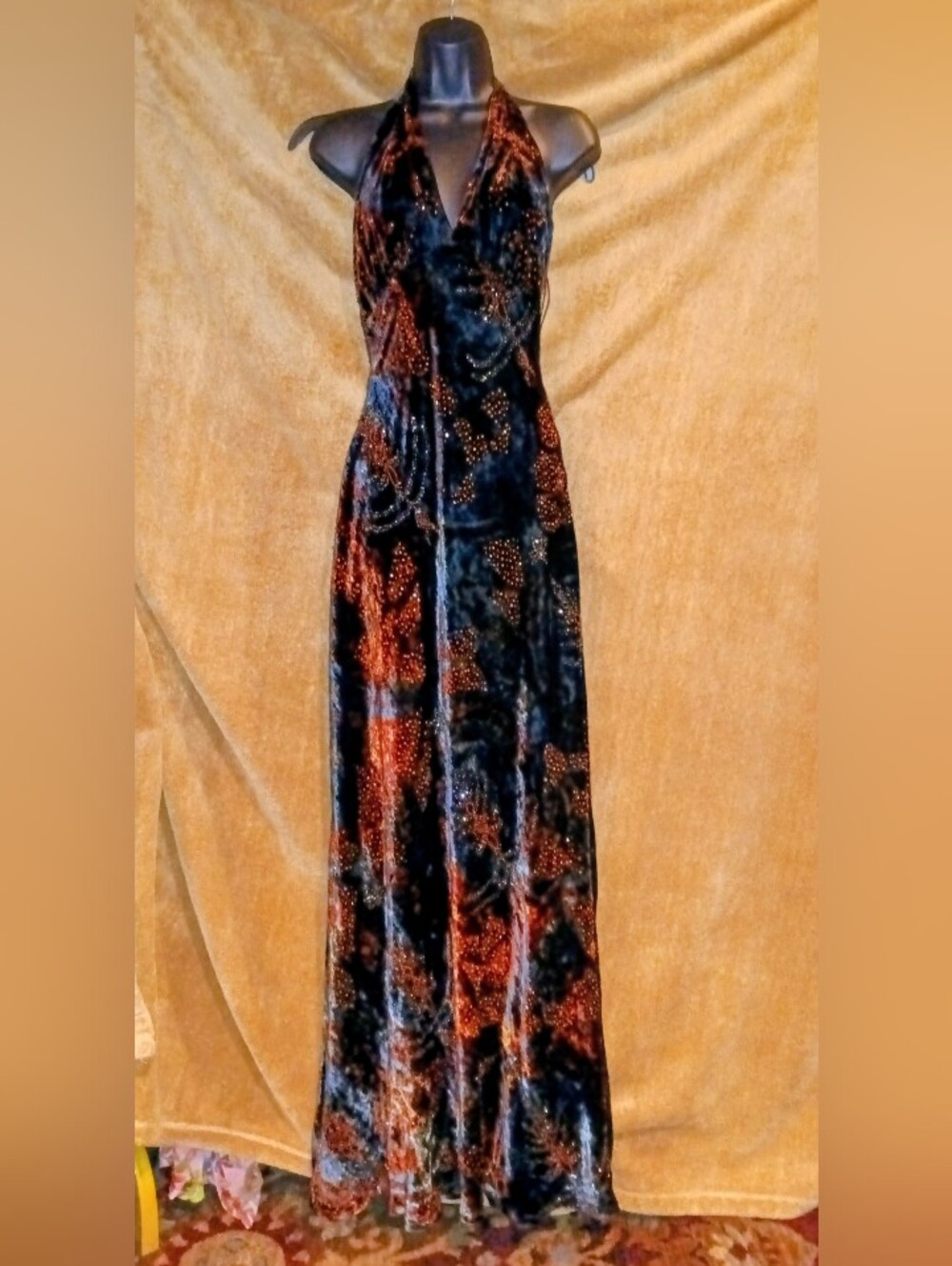 Carmen Marc Valvo Beaded Halter Maxi Dress Black,and Rust - Elegant Evening Gown